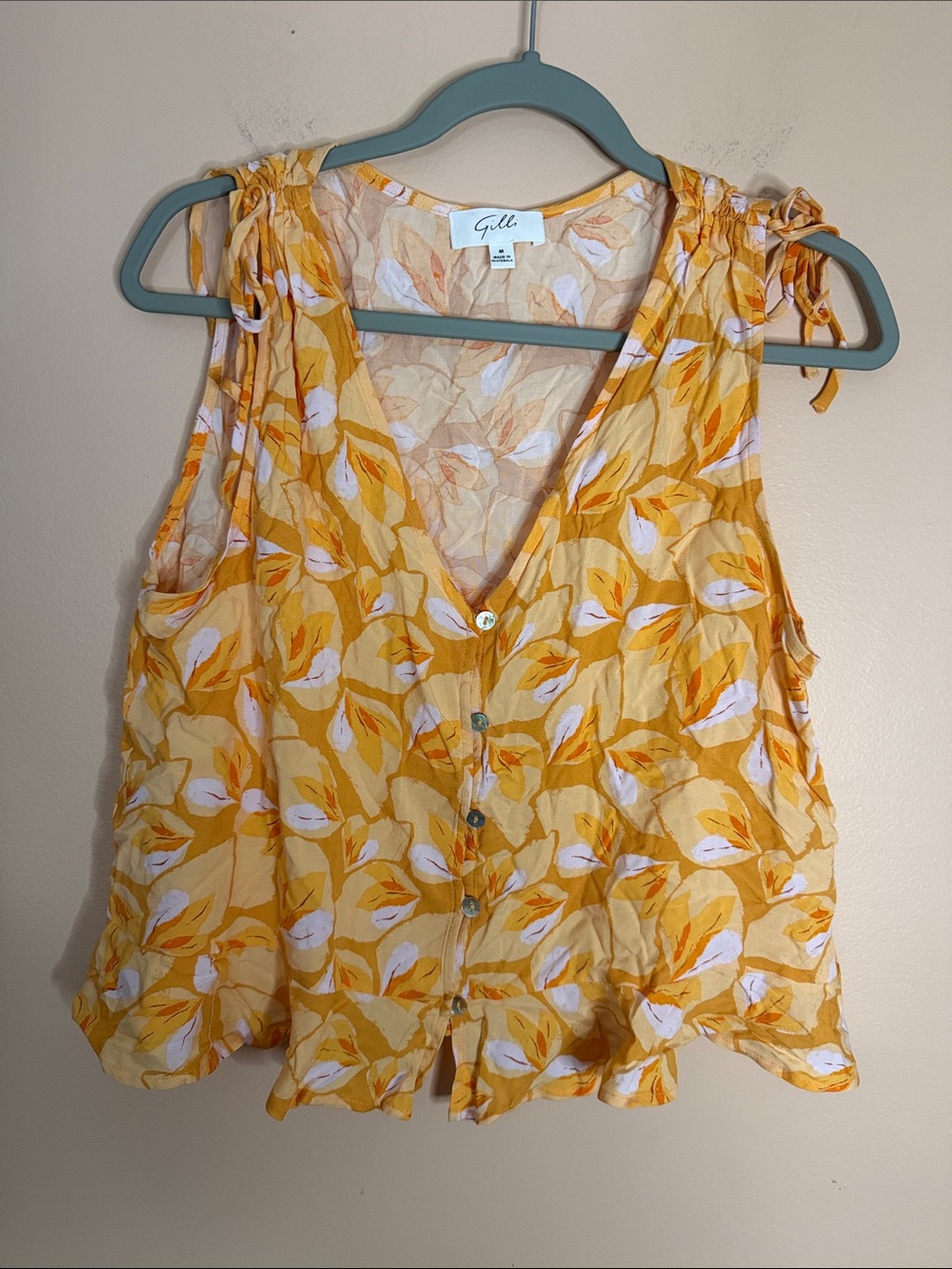 Gilli Yellow Floral Button-Front Tie-Shoulder Cami